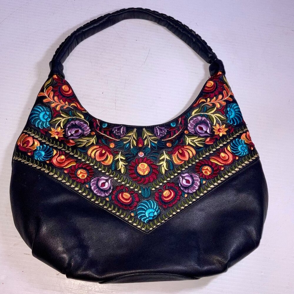 ISABELLA FIORE Embroidered Black Genuine  Leather Rachel Hobo Bag 15"w